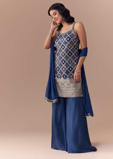 Blue Jacquard Woven Kurta Palazzo and Dupatta Set