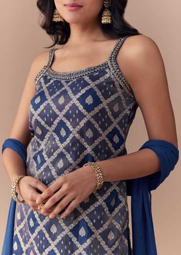 Blue Jacquard Woven Kurta Palazzo and Dupatta Set