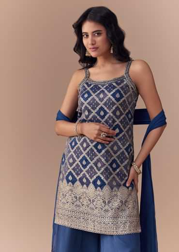 Blue Jacquard Woven Kurta Palazzo and Dupatta Set