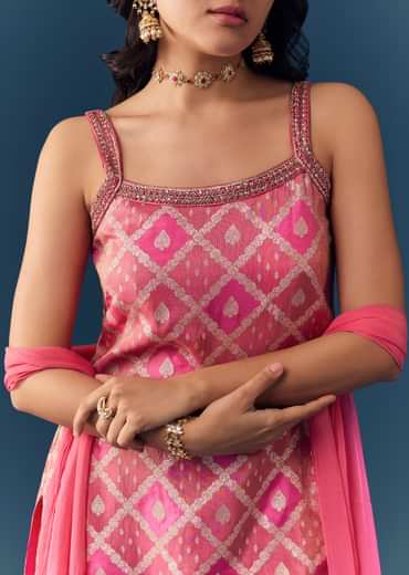 Pink Jacquard Weave Kurta Palazzo Set