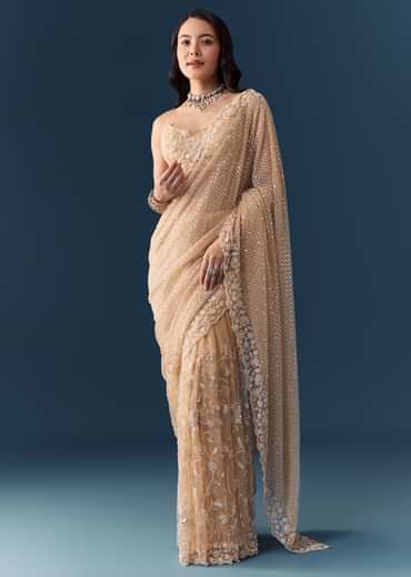 Gold Net Jaal Bead Work Saree with Unstitched Blouse