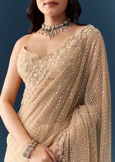 Gold Net Jaal Bead Work Saree with Unstitched Blouse