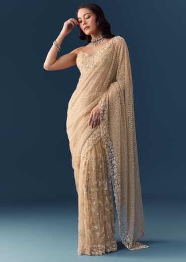 Gold Net Jaal Bead Work Saree with Unstitched Blouse
