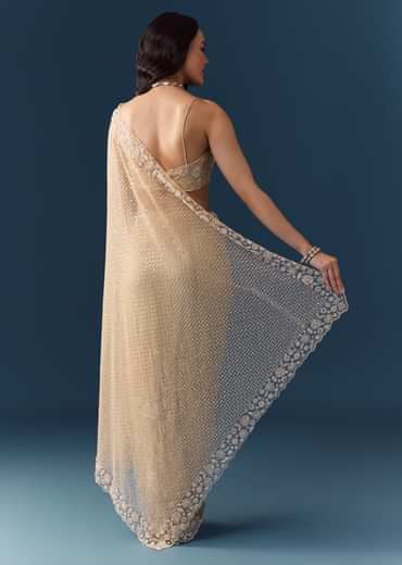 Gold Net Jaal Bead Work Saree with Unstitched Blouse