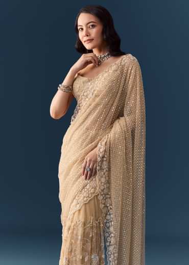 Gold Net Jaal Bead Work Saree with Unstitched Blouse