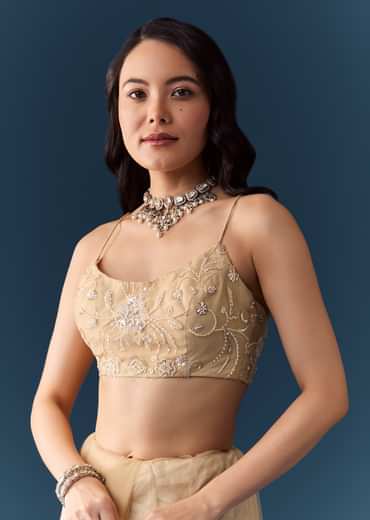 Gold Net Jaal Bead Work Saree with Unstitched Blouse