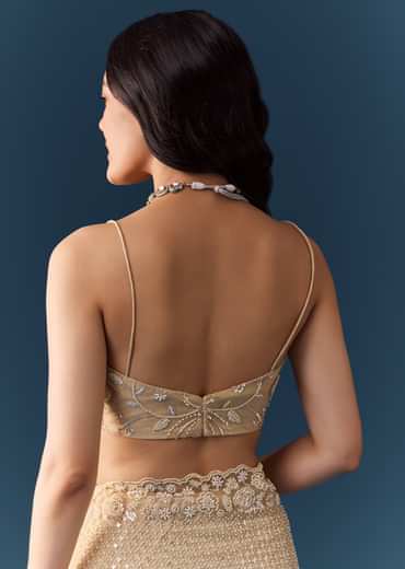 Gold Net Jaal Bead Work Saree with Unstitched Blouse