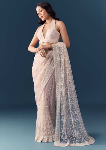 Pink Net Jaal Resham Work Saree with Unstitched Blouse