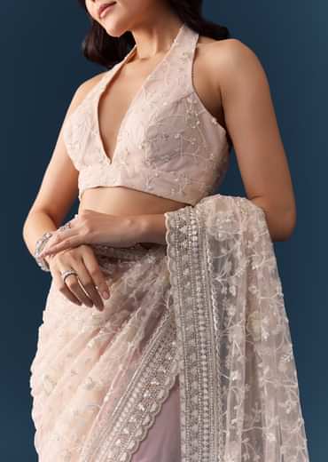Pink Net Jaal Resham Work Saree with Unstitched Blouse