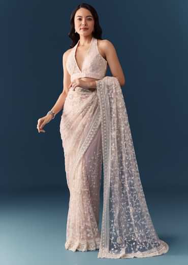 Pink Net Jaal Resham Work Saree with Unstitched Blouse