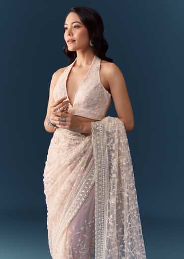 Pink Net Jaal Resham Work Saree with Unstitched Blouse