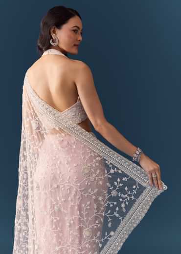 Pink Net Jaal Resham Work Saree with Unstitched Blouse