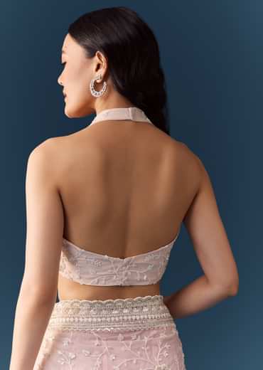 Pink Net Jaal Resham Work Saree with Unstitched Blouse