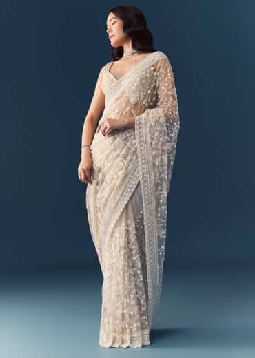 Off White Net Jaal Embellished Saree with Unstitched Blouse