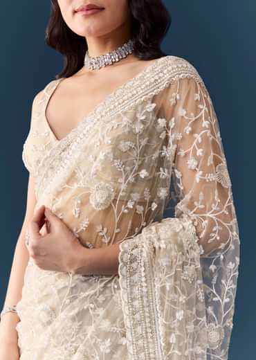 Off White Net Jaal Embellished Saree with Unstitched Blouse