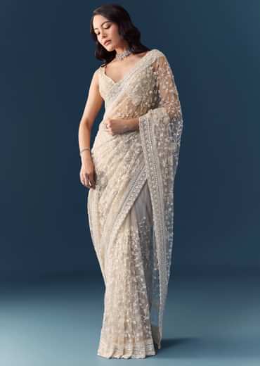 Off White Net Jaal Embellished Saree with Unstitched Blouse