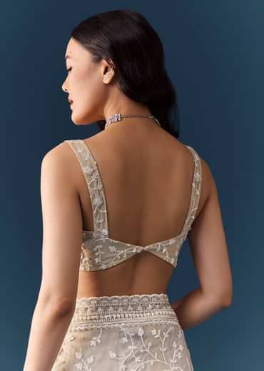 Off White Net Jaal Embellished Saree with Unstitched Blouse