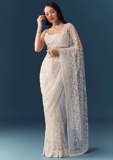 White Net Jaal Resham Work Saree with Unstitched Blouse