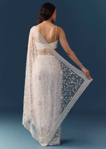 White Net Jaal Resham Work Saree with Unstitched Blouse