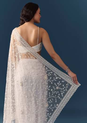White Net Jaal Resham Work Saree with Unstitched Blouse