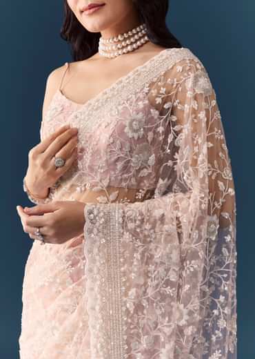 Pink Net Jaal Resham Saree with Unstitched Blouse
