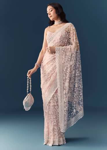 Pink Net Jaal Resham Saree with Unstitched Blouse