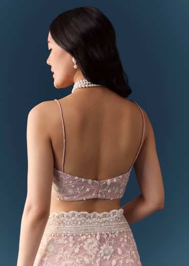 Pink Net Jaal Resham Saree with Unstitched Blouse