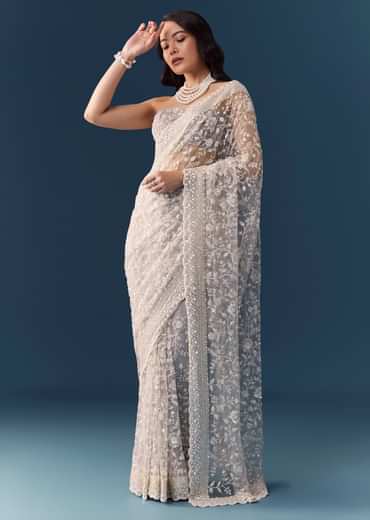 Grey Floral Jaal Embellished Saree with Unstitched Blouse