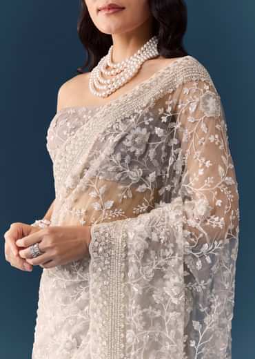 Grey Floral Jaal Embellished Saree with Unstitched Blouse