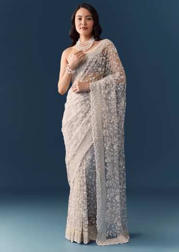 Grey Floral Jaal Embellished Saree with Unstitched Blouse