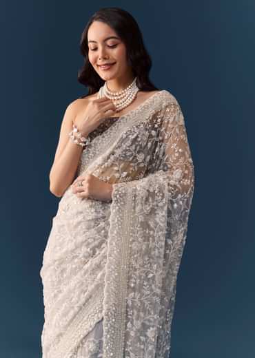 Grey Floral Jaal Embellished Saree with Unstitched Blouse