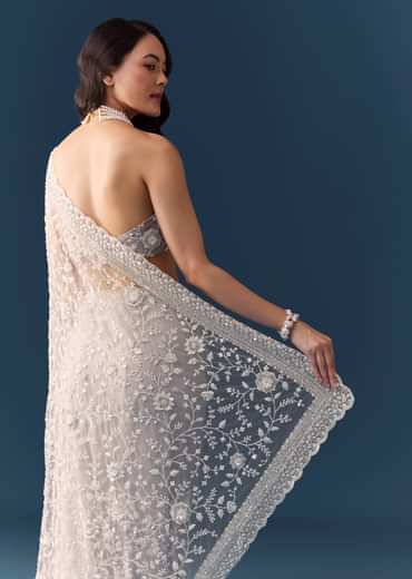 Grey Floral Jaal Embellished Saree with Unstitched Blouse