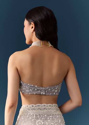 Grey Floral Jaal Embellished Saree with Unstitched Blouse