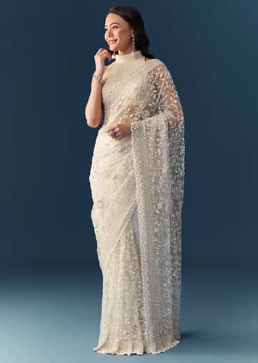 Cream Net Jaal Embellished Saree with Unstitched Blouse