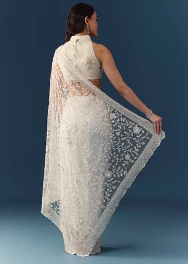 Cream Net Jaal Embellished Saree with Unstitched Blouse