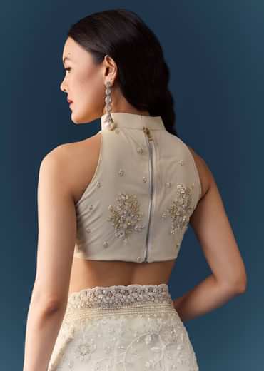 Cream Net Jaal Embellished Saree with Unstitched Blouse