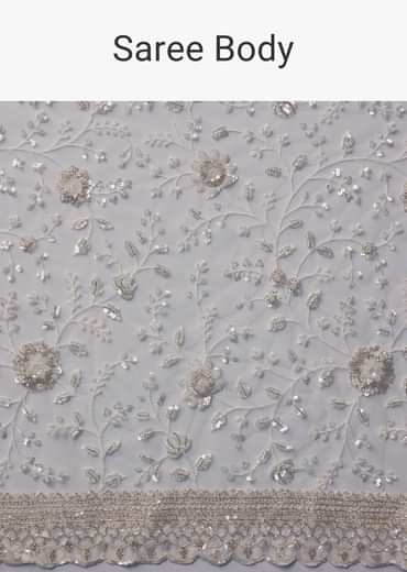 Cream Net Jaal Embellished Saree with Unstitched Blouse