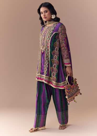Purple Indie Print Kurti Patiala Suit Set with Handbag