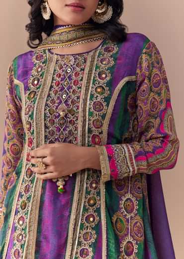 Purple Indie Print Kurti Patiala Suit Set with Handbag