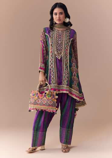 Purple Indie Print Kurti Patiala Suit Set with Handbag
