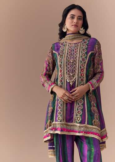 Purple Indie Print Kurti Patiala Suit Set with Handbag