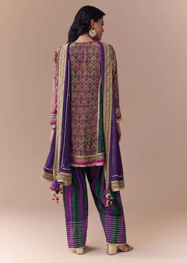 Purple Indie Print Kurti Patiala Suit Set with Handbag