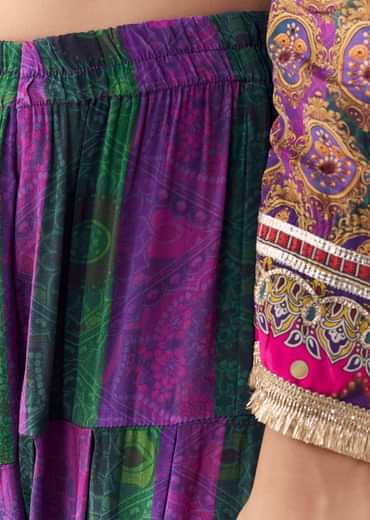Purple Indie Print Kurti Patiala Suit Set with Handbag