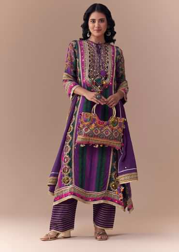 Purple Indie Print Crepe Kurta Set with Handbag