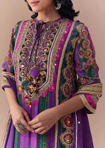 Purple Indie Print Crepe Kurta Set with Handbag