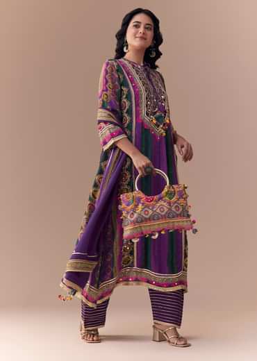 Purple Indie Print Crepe Kurta Set with Handbag