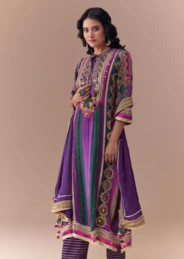 Purple Indie Print Crepe Kurta Set with Handbag
