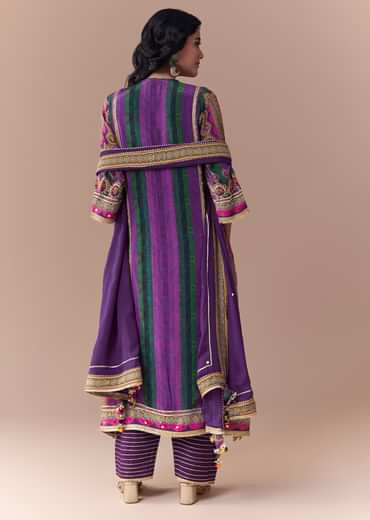 Purple Indie Print Crepe Kurta Set with Handbag