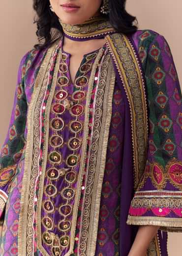 Purple Indie Print Kurta Sharara Set with Handbag