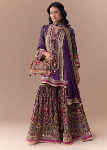 Purple Indie Print Kurta Sharara Set with Handbag